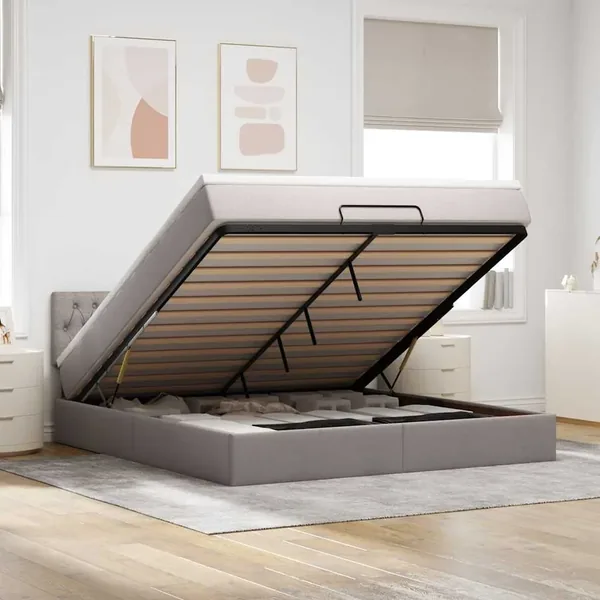 Cadre de lit ottoman avec matelas taupe 160x200 cm tissu