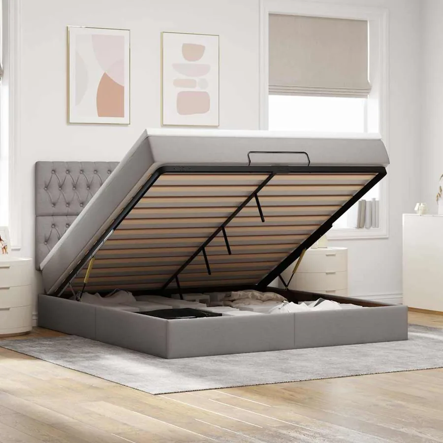Cadre de lit ottoman avec matelas taupe 160x200 cm tissu