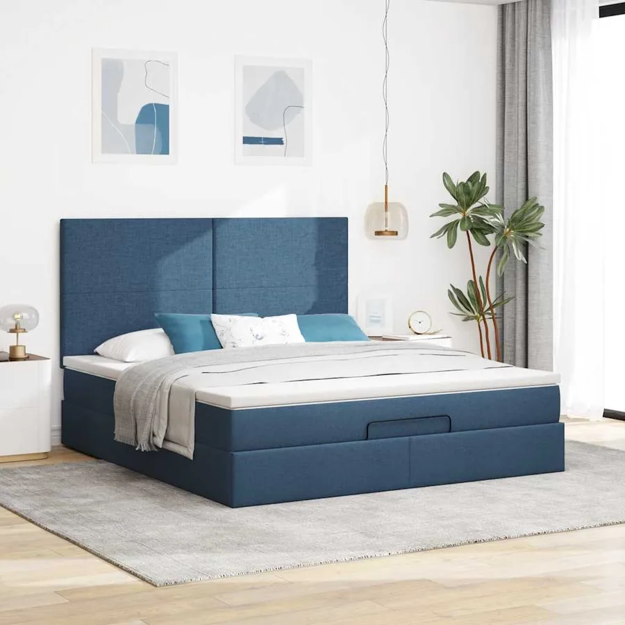 Cadre de lit ottoman avec matelas bleu 180x200 cm tissu - 4