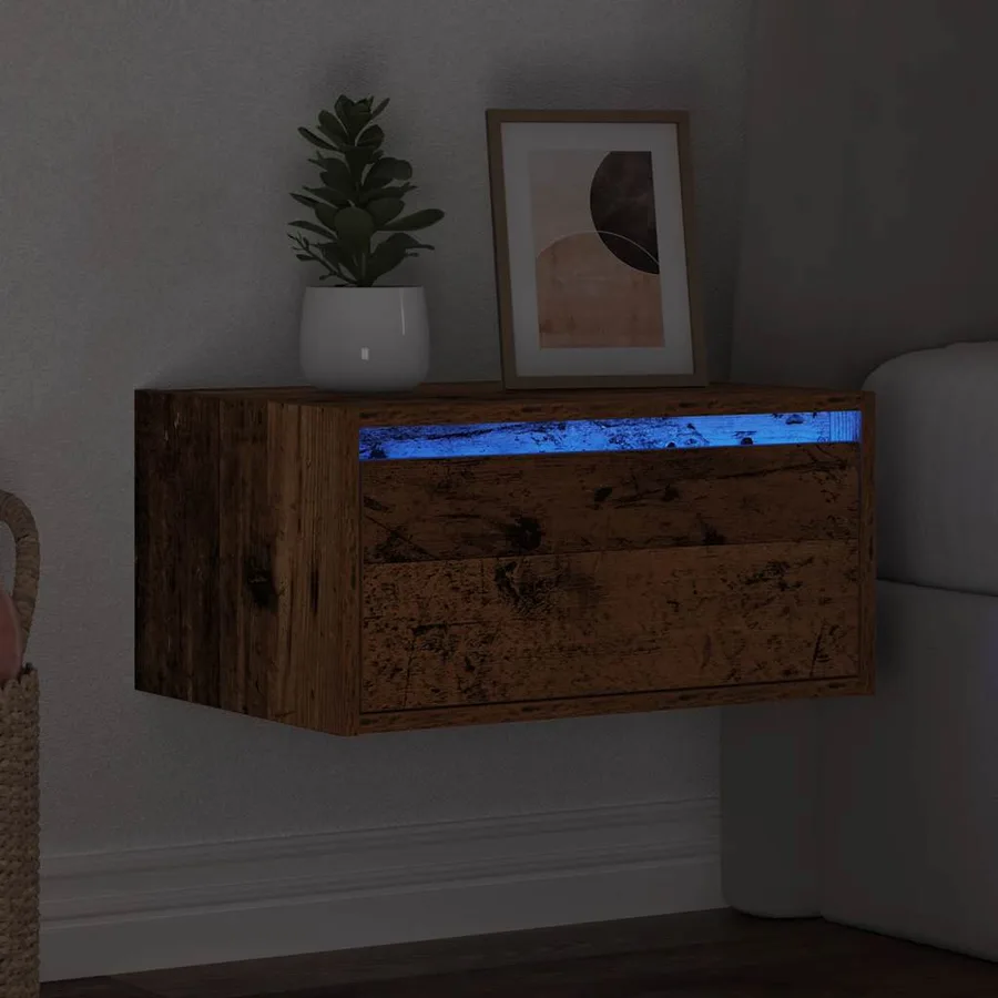 Table de chevet murale avec lumières LED vieux bois - 5