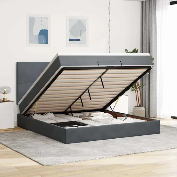 Cadre de lit ottoman avec matelas gris foncé 180x200cm velours