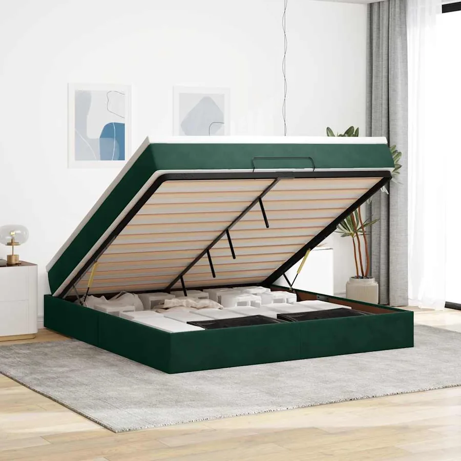 Cadre de lit ottoman avec matelas vert foncé 180x200 cm velours