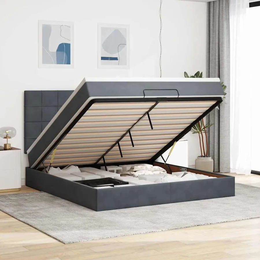 Cadre de lit ottoman avec matelas gris foncé 180x200cm velours