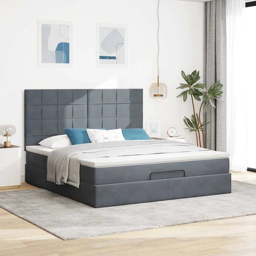 Cadre de lit ottoman avec matelas gris foncé 180x200cm velours - 4