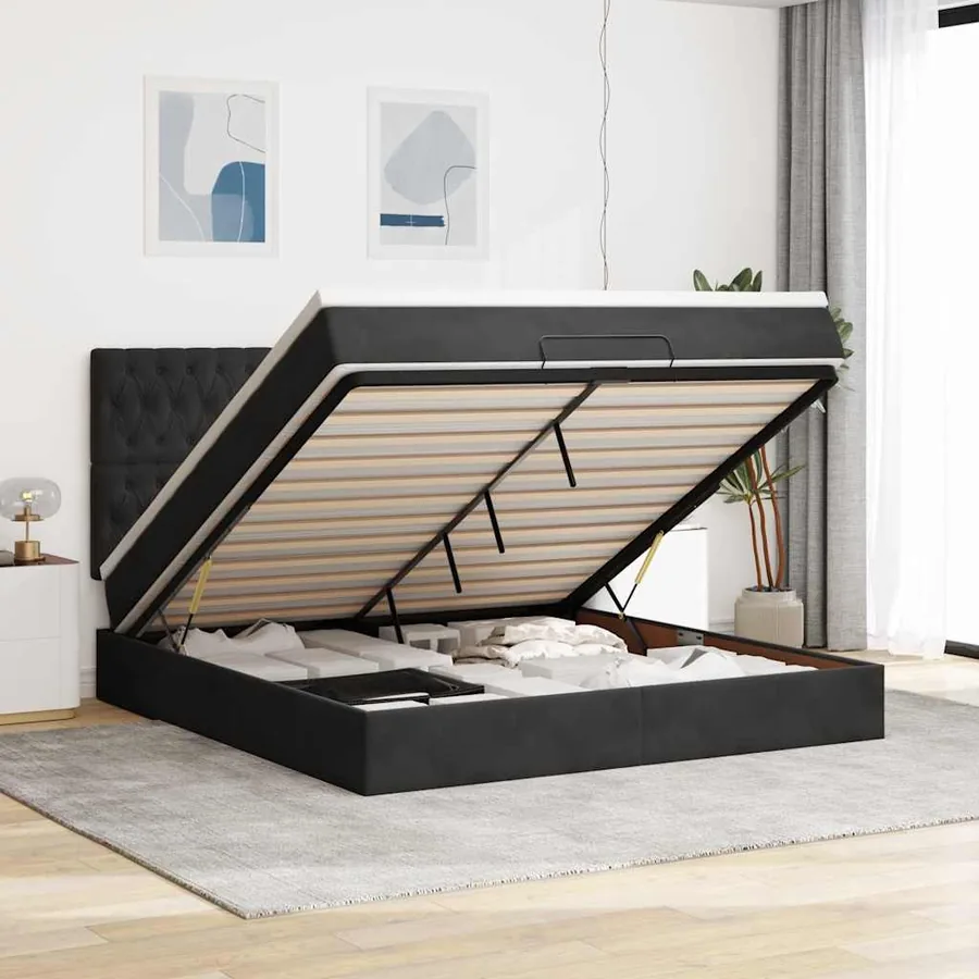 Cadre de lit ottoman avec matelas noir 180x200cm velours