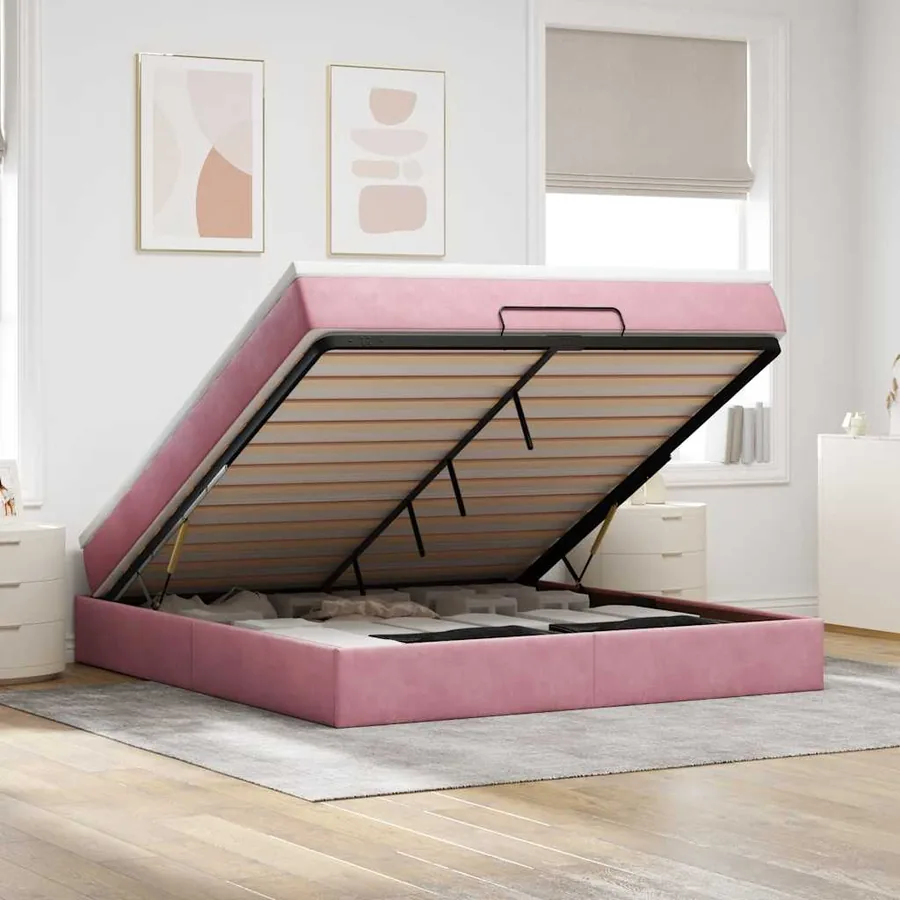 Cadre de lit ottoman avec matelas rose 180x200 cm velours