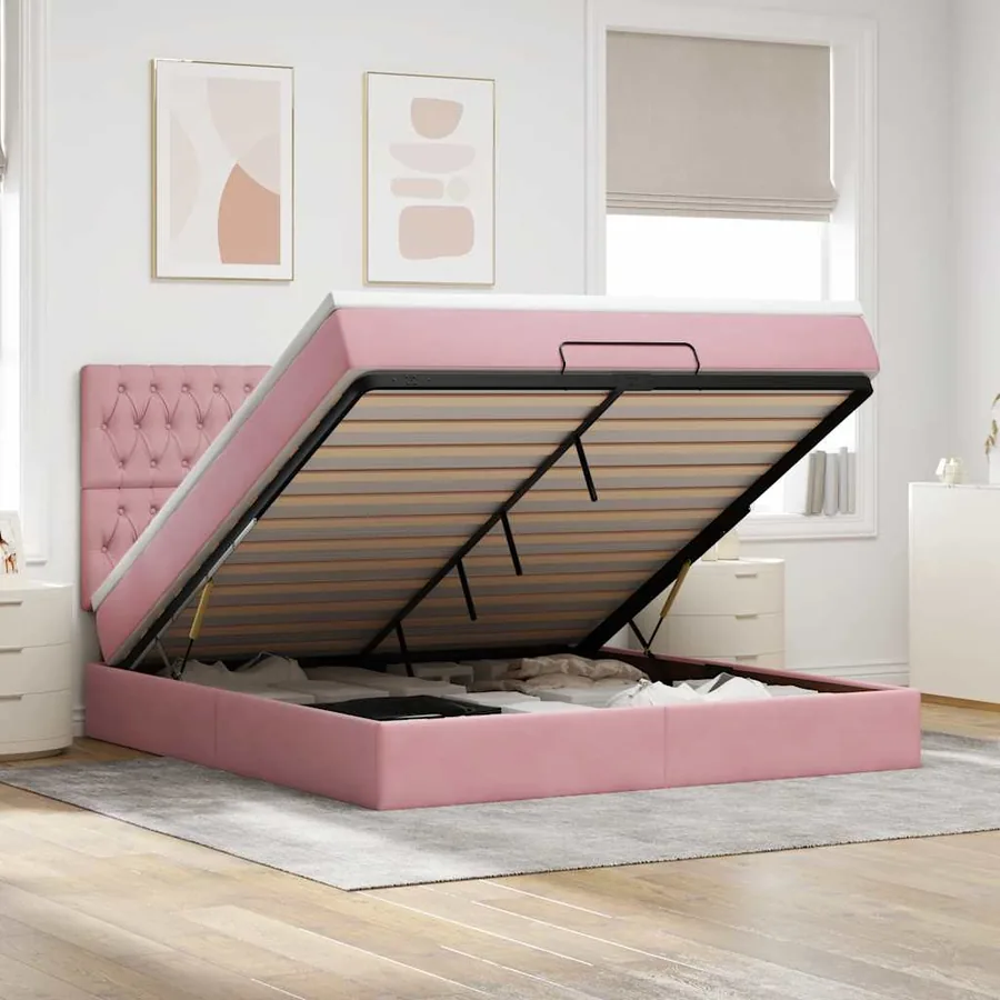 Cadre de lit ottoman avec matelas rose 180x200 cm velours