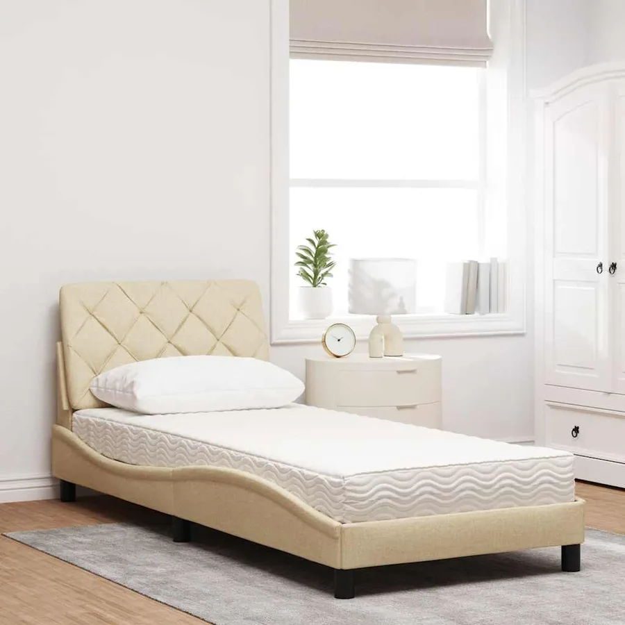 Lit avec matelas crème 90x190 cm tissu - 3