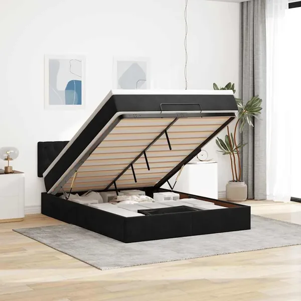 Cadre de lit ottoman avec matelas noir 140x200 cm velours