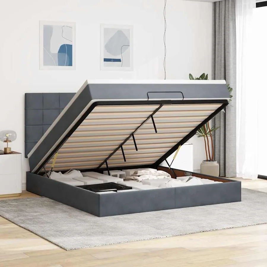 Cadre de lit ottoman avec matelas gris foncé 160x200cm velours