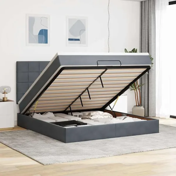 Cadre de lit ottoman avec matelas gris foncé 160x200cm velours