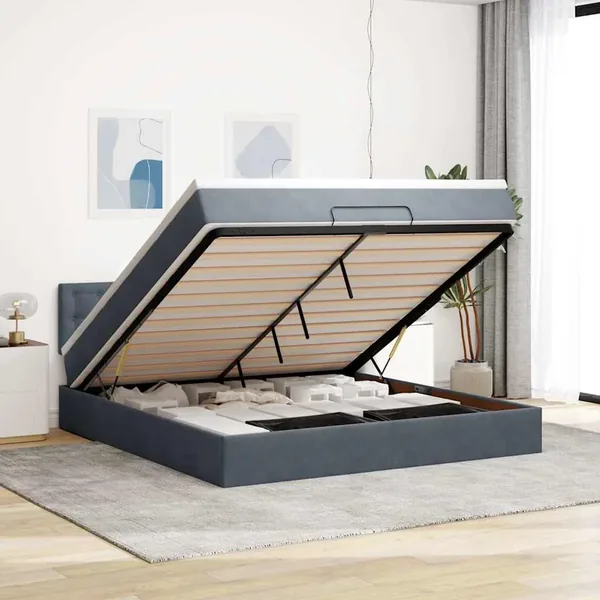 Cadre de lit ottoman avec matelas gris foncé 160x200 cm velours
