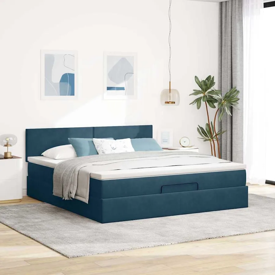 Cadre de lit ottoman avec matelas bleu foncé 160x200 cm velours - 3