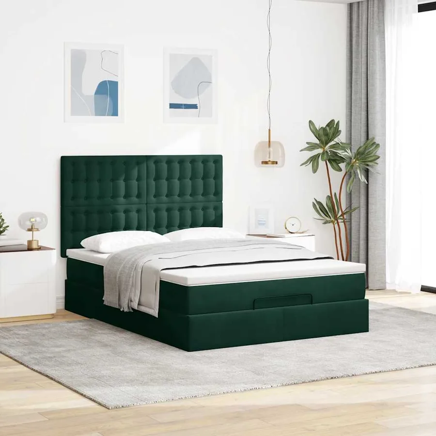 Cadre de lit ottoman avec matelas vert foncé 140x200 cm velours - 4