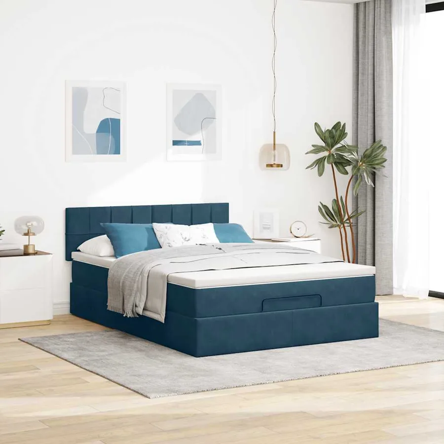 Cadre de lit ottoman avec matelas bleu foncé 140x200 cm velours - 4