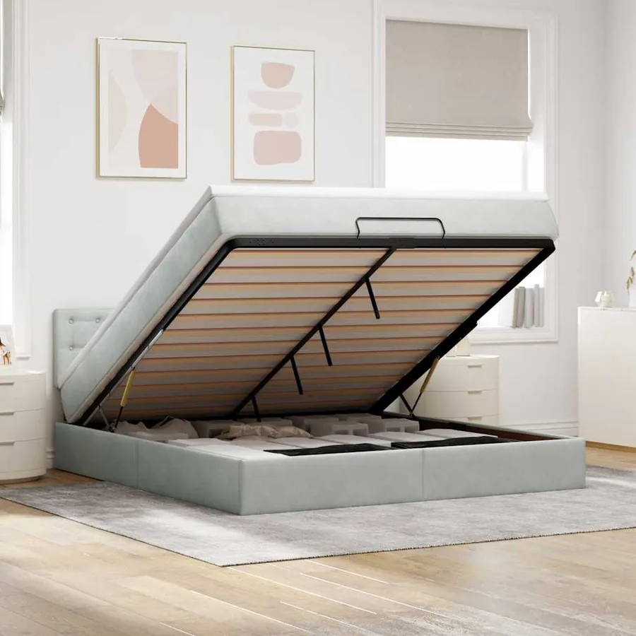 Cadre de lit ottoman avec matelas gris clair 180x200 cm velours