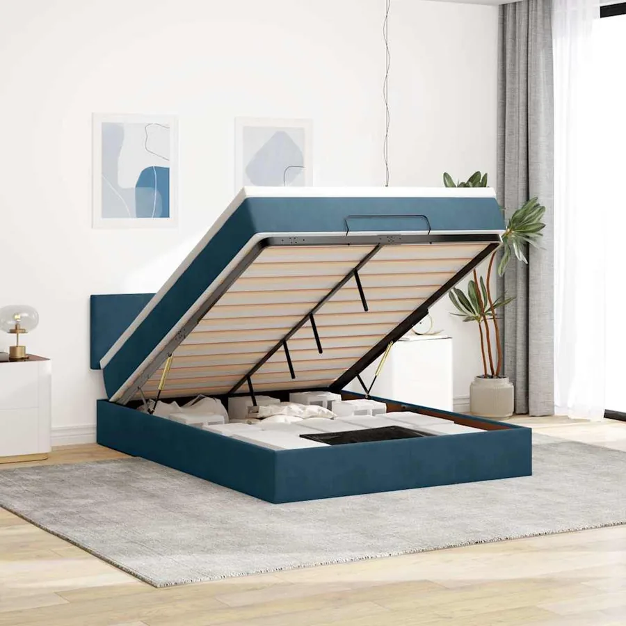 Cadre de lit ottoman avec matelas bleu foncé 140x190 cm velours
