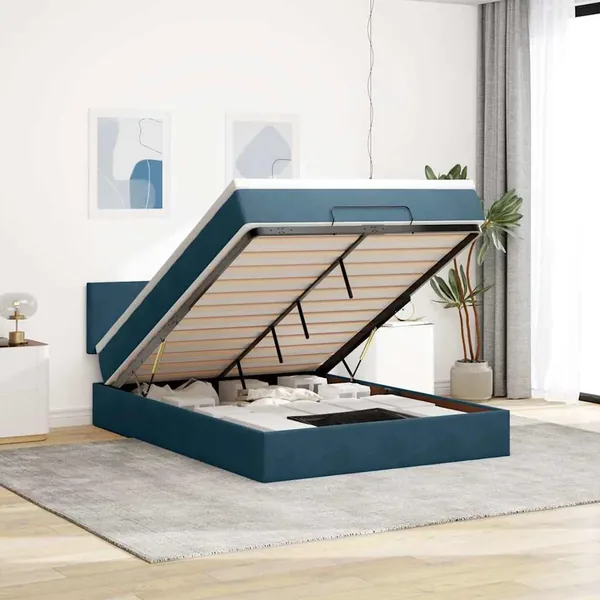 Cadre de lit ottoman avec matelas bleu foncé 140x190 cm velours