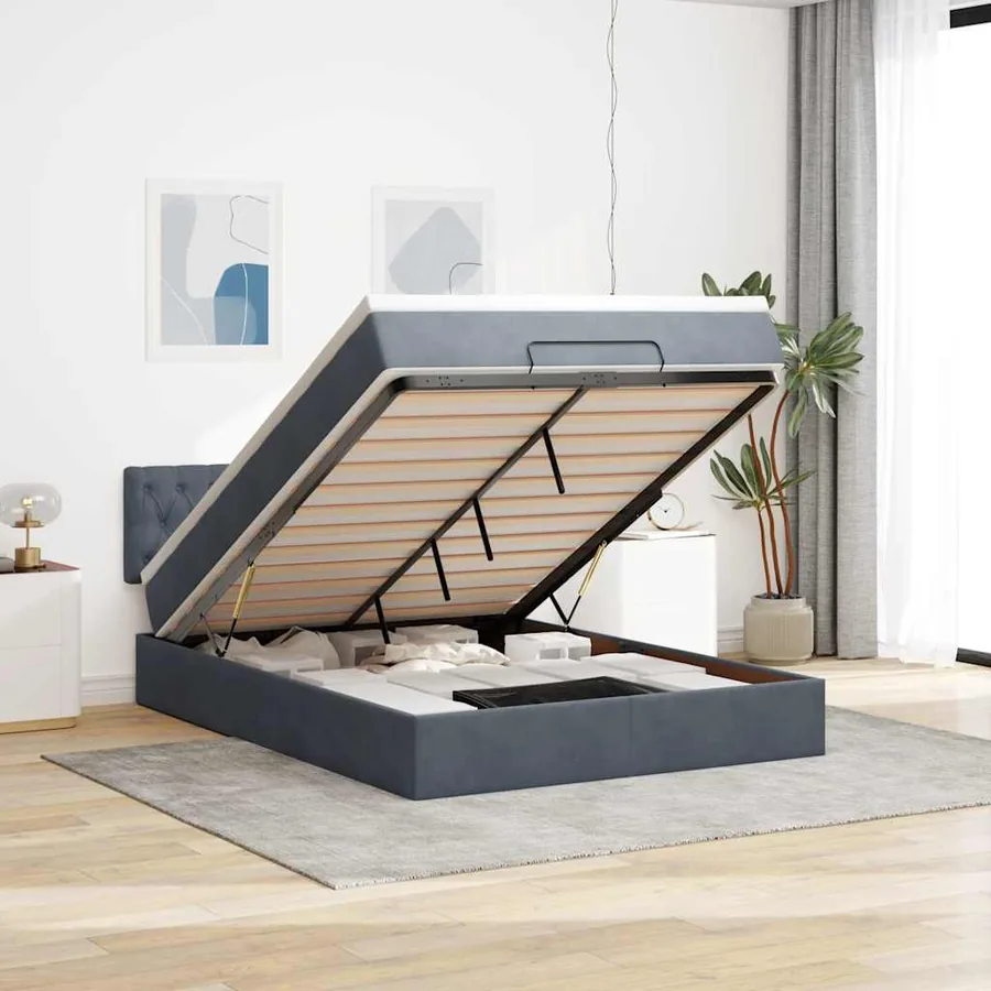 Cadre de lit ottoman avec matelas gris foncé 140x190 cm velours