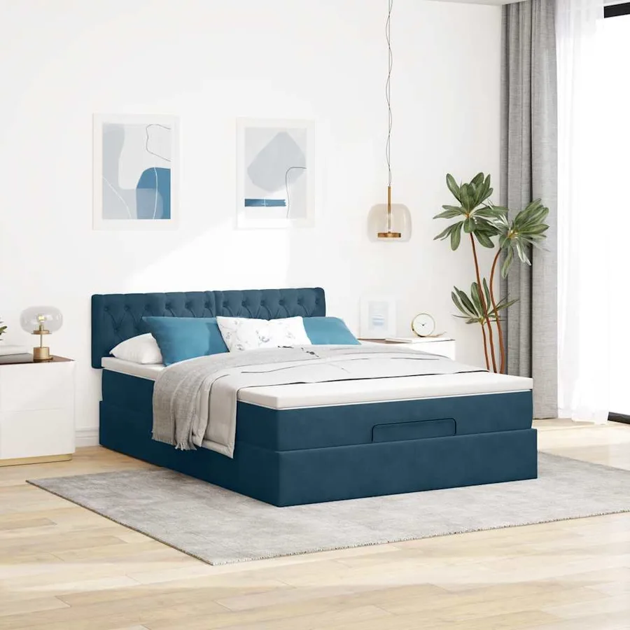 Cadre de lit ottoman avec matelas bleu foncé 140x190 cm velours - 3