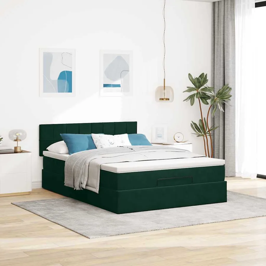 Cadre de lit ottoman avec matelas vert foncé 140x190 cm velours - 3