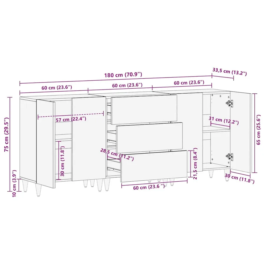Buffets 3 pcs gris clair 60x33,5x75 cm bois de manguier massif - 13