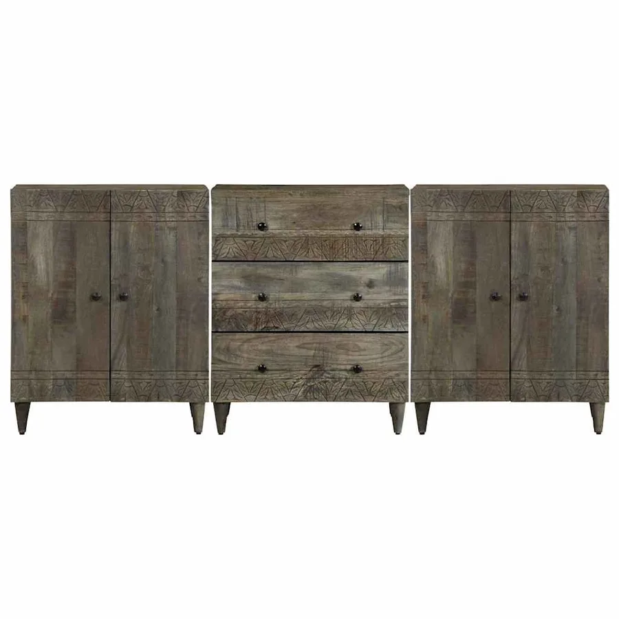 Buffets 3 pcs gris clair 60x33,5x75 cm bois de manguier massif - 2