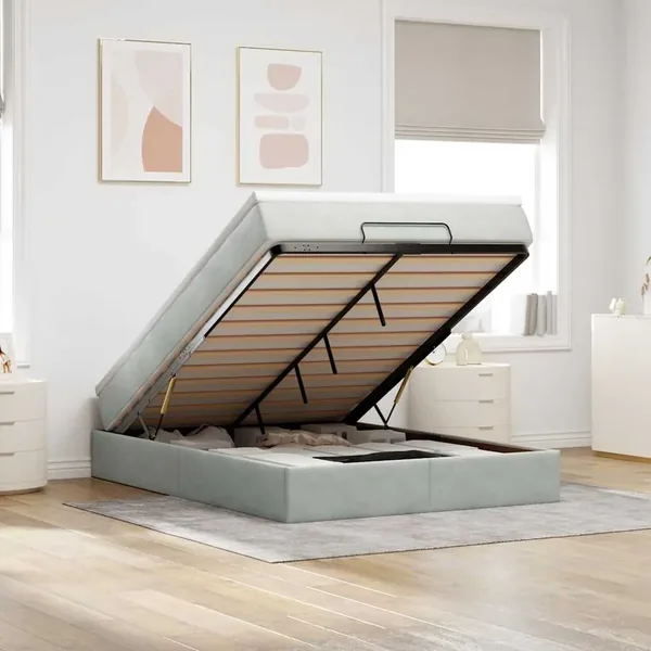 Cadre de lit ottoman avec matelas gris clair 140x200 cm velours
