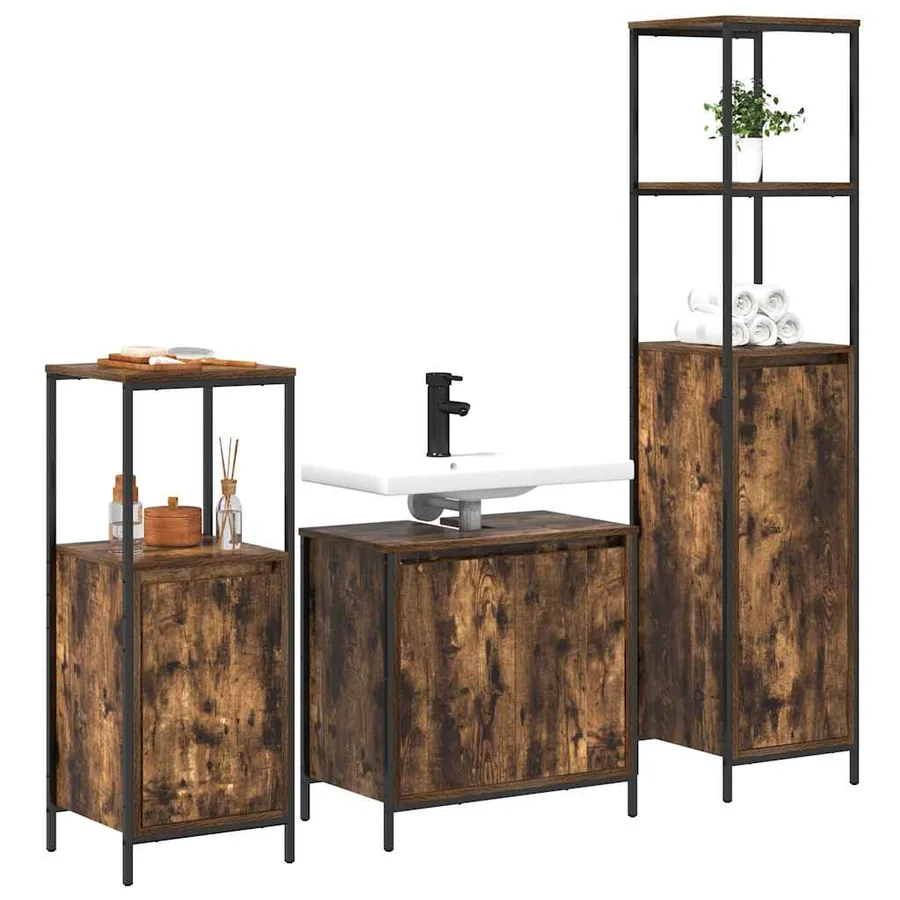 Ensemble de mobilier de salle de bain 3 pcs Chêne fumé et noir - 3