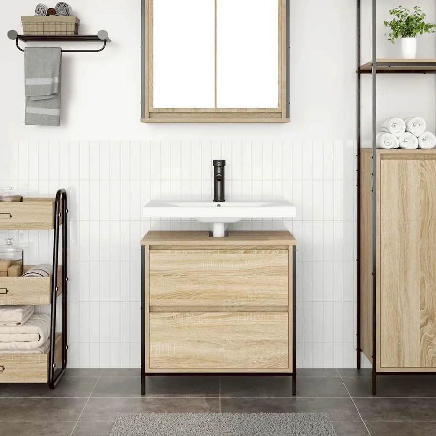 Meuble de salle de bain lavabo et tiroirs chêne sonoma - 3