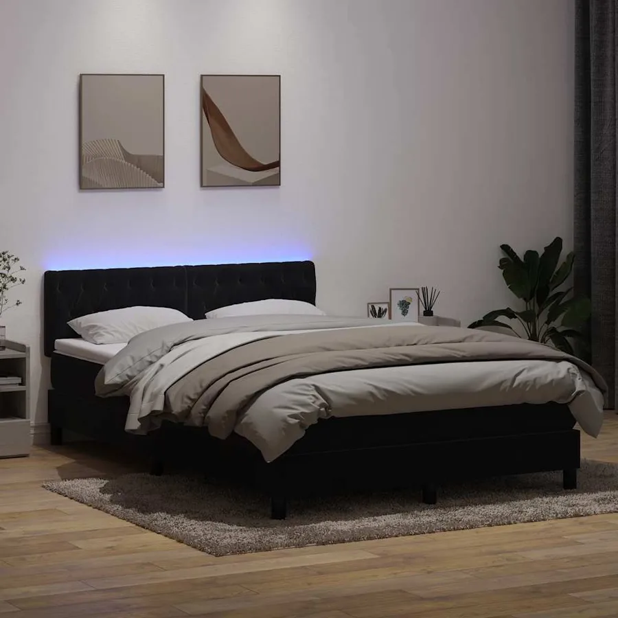 Sommier à lattes de lit avec matelas et LED noir 140x220 cm velours - 4