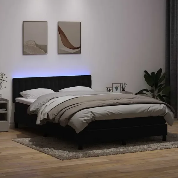 Sommier à lattes de lit avec matelas et LED noir 140x220 cm velours