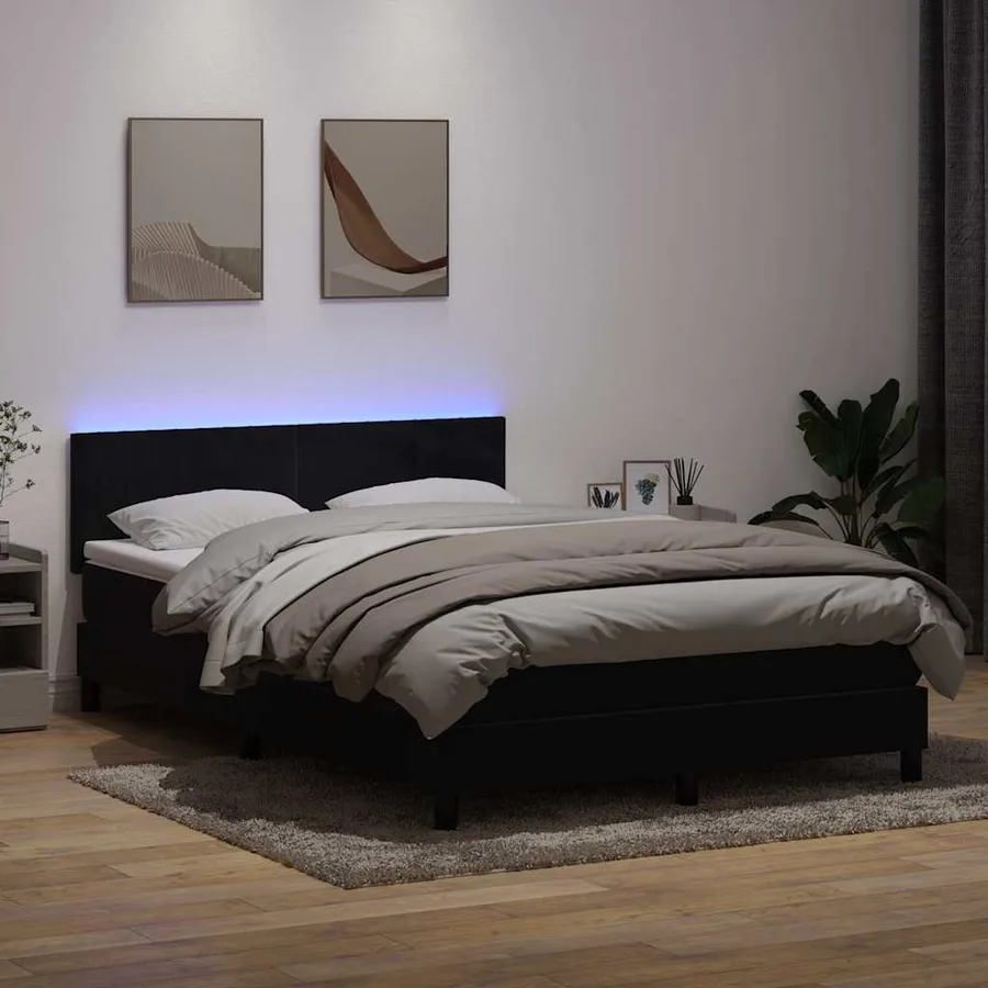 Sommier à lattes de lit avec matelas et LED noir 140x220 cm velours - 4