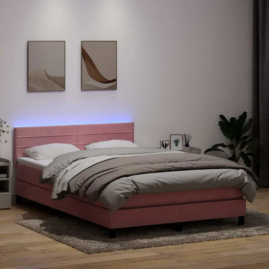 Sommier à lattes de lit avec matelas et LED rose 140x220 cm velours