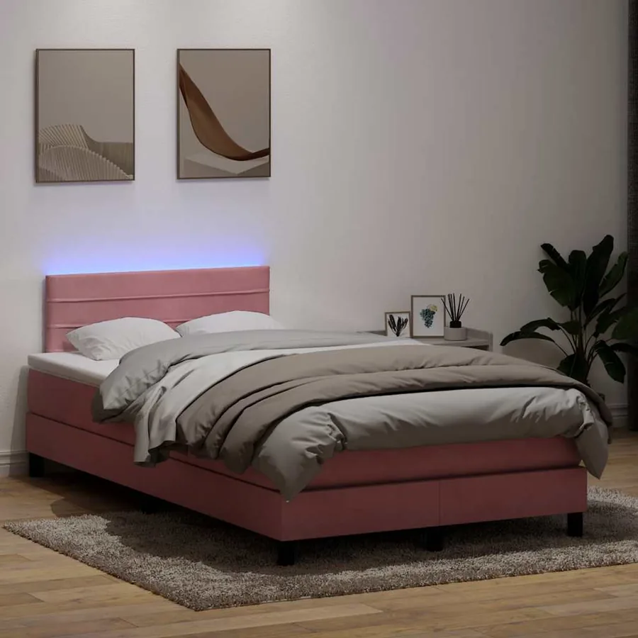 Sommier à lattes de lit avec matelas et LED rose 120x220 cm velours