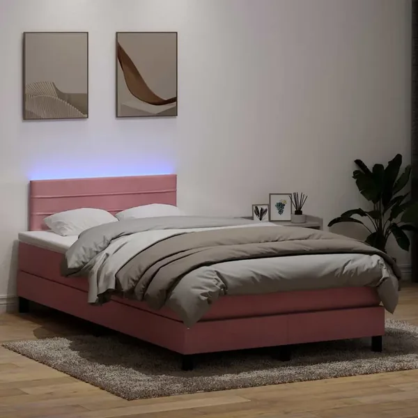 Sommier à lattes de lit avec matelas et LED rose 120x220 cm velours