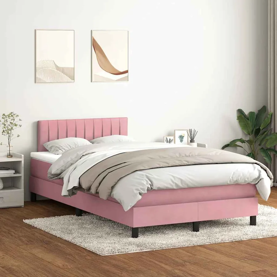 Sommier à lattes de lit avec matelas rose 120x220 cm velours - 3