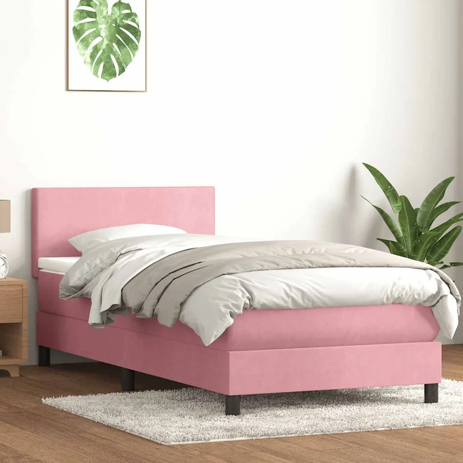 Sommier à lattes de lit avec matelas et LED rose 100x220 cm velours