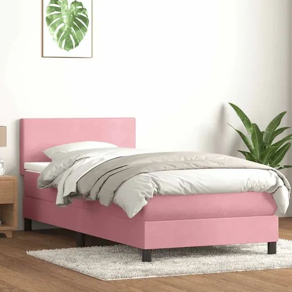 Sommier à lattes de lit avec matelas et LED rose 100x220 cm velours