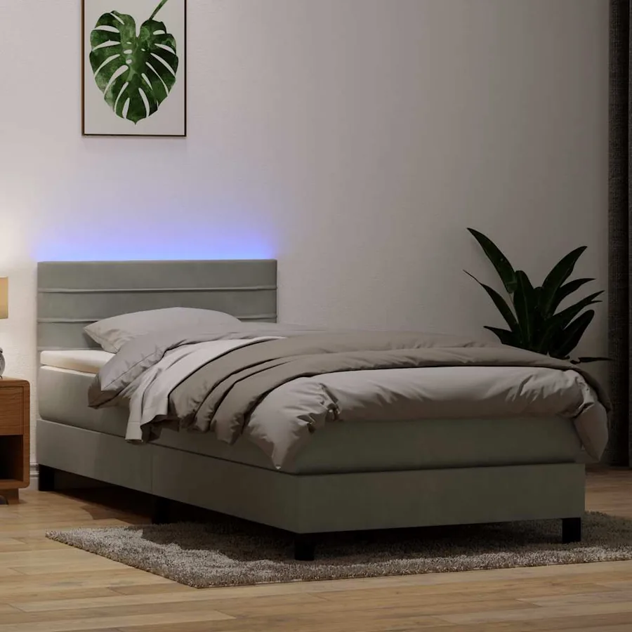 Sommier à lattes de lit et matelas et LED gris clair 100x220cm velours