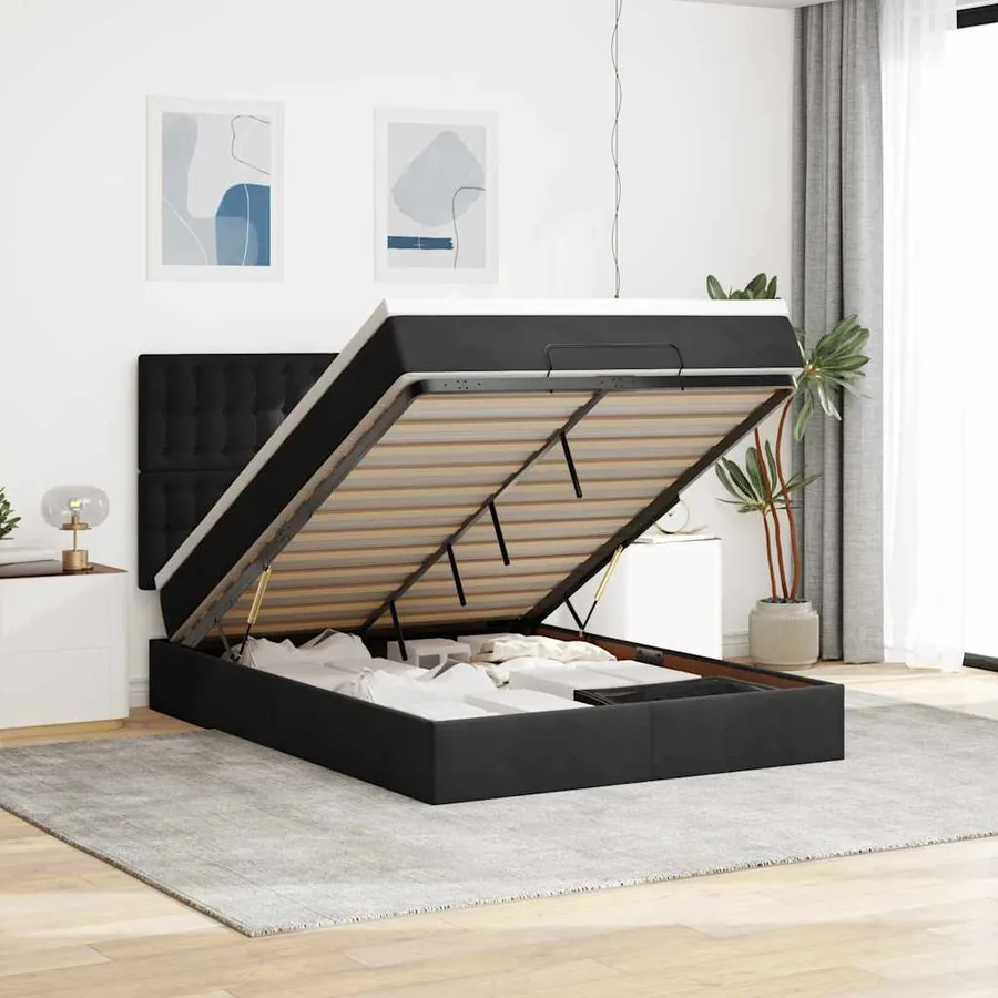 Cadre de lit ottoman avec matelas noir 140x190 cm velours