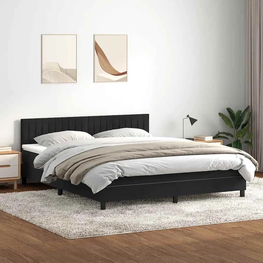 Sommier à lattes de lit avec matelas et LED noir 180x210 cm velours