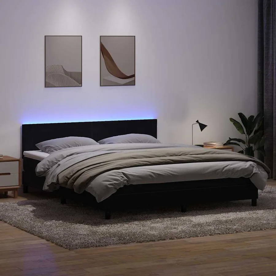 Sommier à lattes de lit avec matelas et LED noir 180x210 cm velours - 4