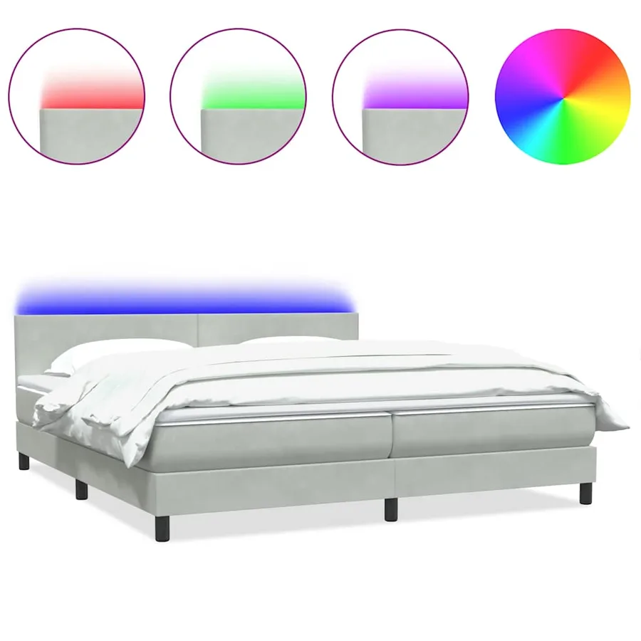 Sommier à lattes de lit et matelas et LED gris clair 200x210cm velours - 2