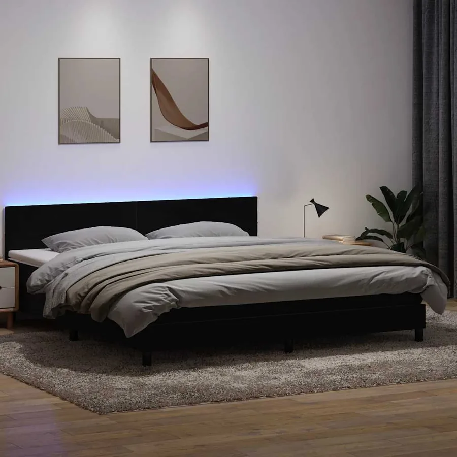 Sommier à lattes de lit avec matelas et LED noir 180x210 cm velours
