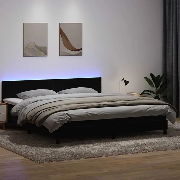 Sommier à lattes de lit avec matelas et LED noir 180x210 cm velours
