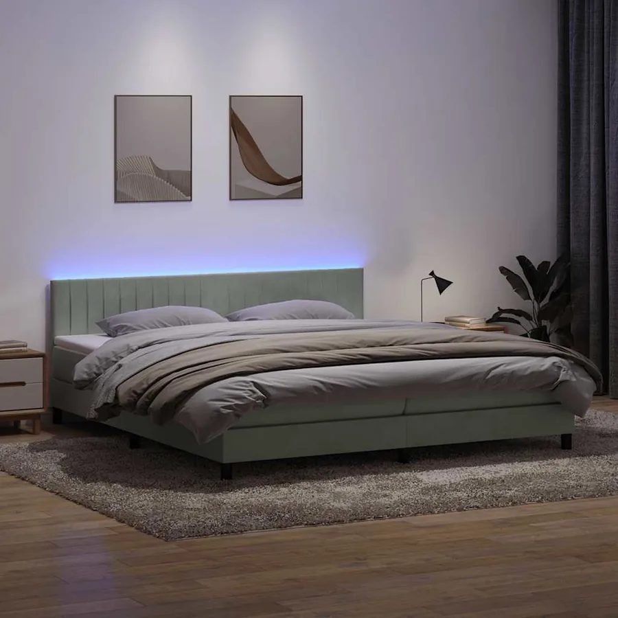 Sommier à lattes de lit et matelas et LED gris clair 200x210cm velours