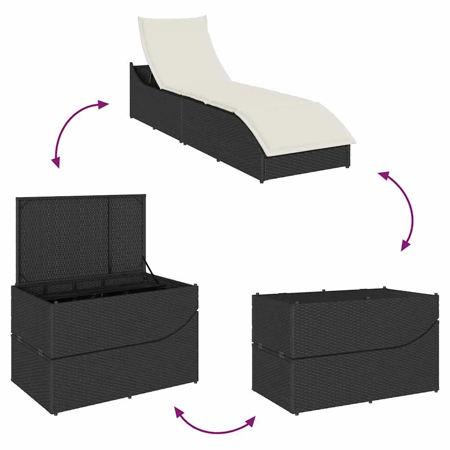 Chaise longue pliante coussin et rangement gris résine tressée - 105