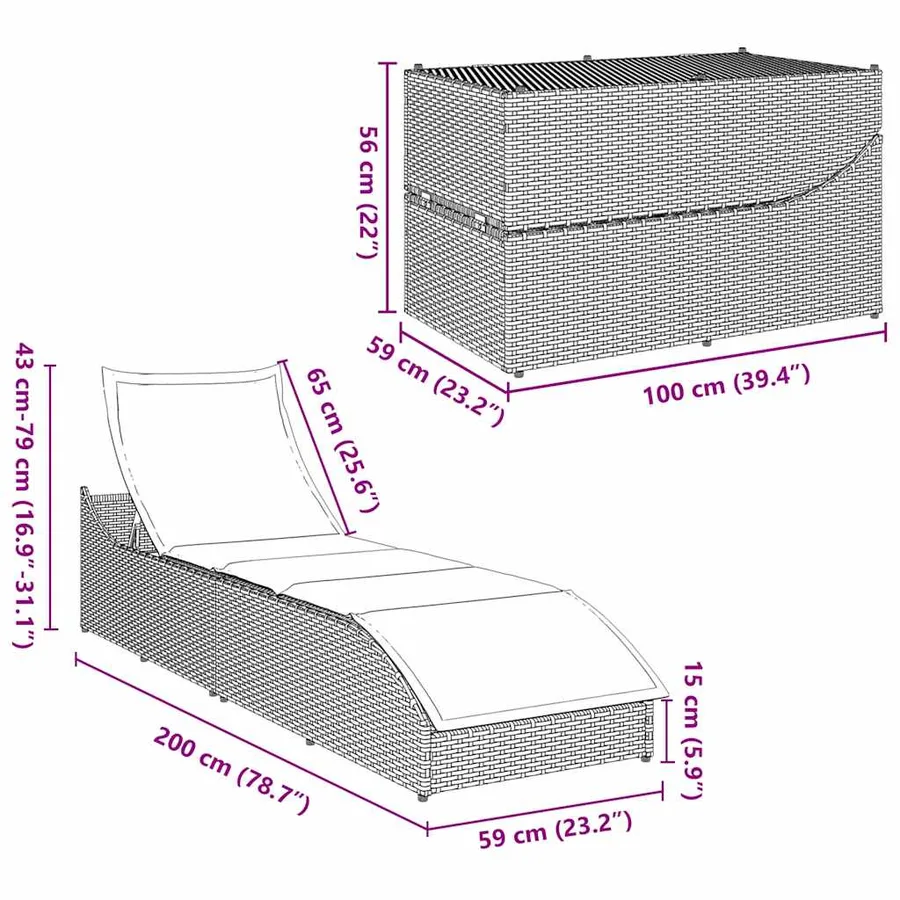 Chaise longue pliante coussin et rangement gris résine tressée - 111