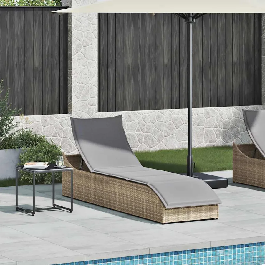 Chaise longue pliante coussin et rangement gris résine tressée - 66